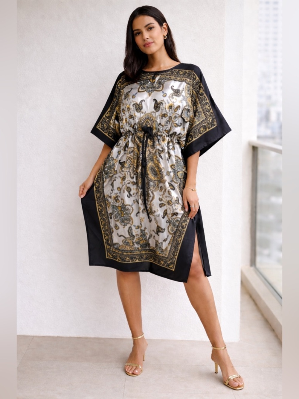 Black and Cream Paisley Drawstring Kaftan Dress